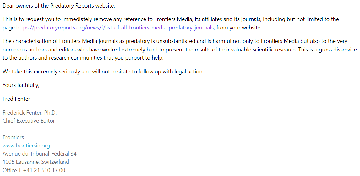 Our answer: 'A series of facts led us to classify Frontiers Media as predatory. As long as these facts do not change, the indication of predatory will remain.' 🔥