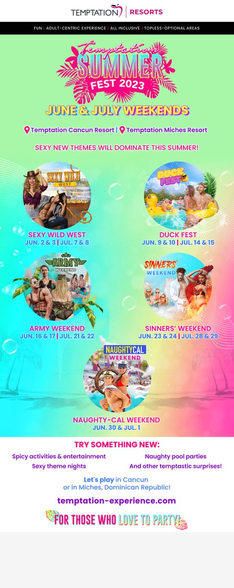 Summer Fest for those who love to party!
Sexy new themes will dominate this summer at Temptation Cancun Resort and Temptation Miches Resort. Contact us for reservations! #MelodicGetaways #AdultTravel #TwitterAfterDark