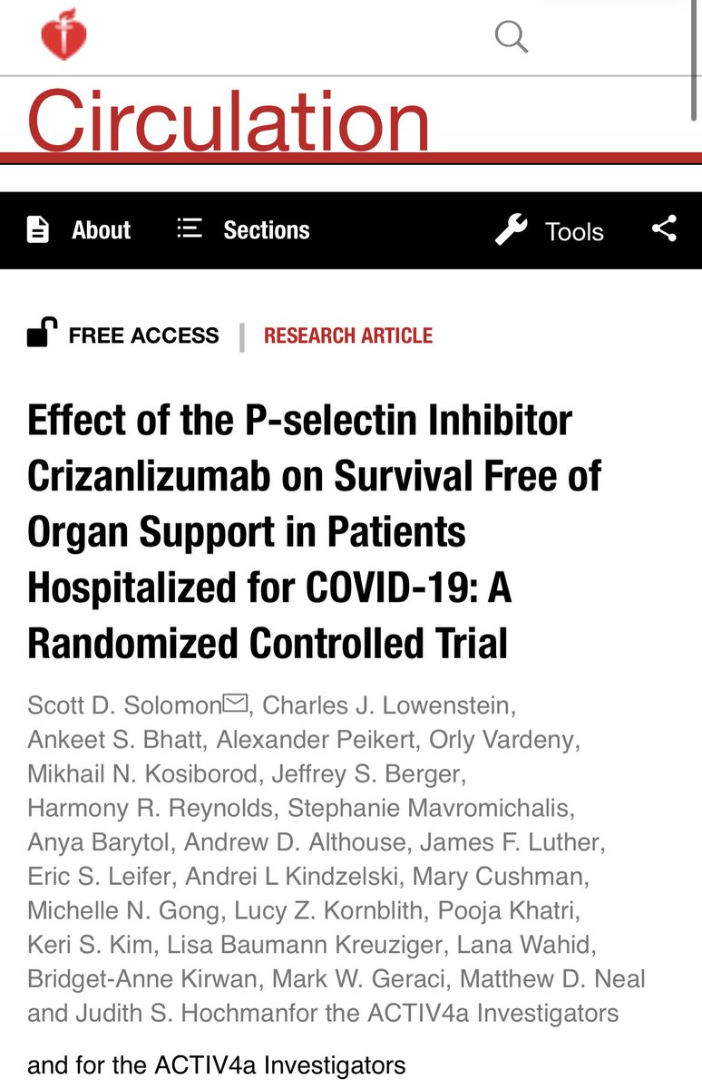 #ACTIV4a LBCT #ISTH2023 & simpub in @CircAHA! Major multicenter effort led by @scottdsolomon testing a fundamental question in pathobiology of #COVID19 #Crizanlizumab (P-selectin inhibitor) did not improve organ-support free days in patients w #COVID19 ahajournals.org/doi/10.1161/CI…