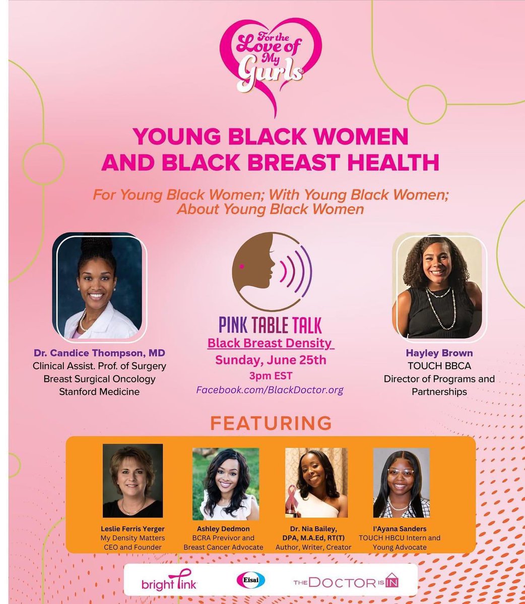 TODAY! #DenseBreasts
If you are a Black woman under 40, you probably don’t know if you have dense breasts because you have never had a mammogram. Chances are you do and therefore you have a 4 to 6 higher chance of getting breast cancer. Join us! 
#pinktabletalk
#loveofmygurls