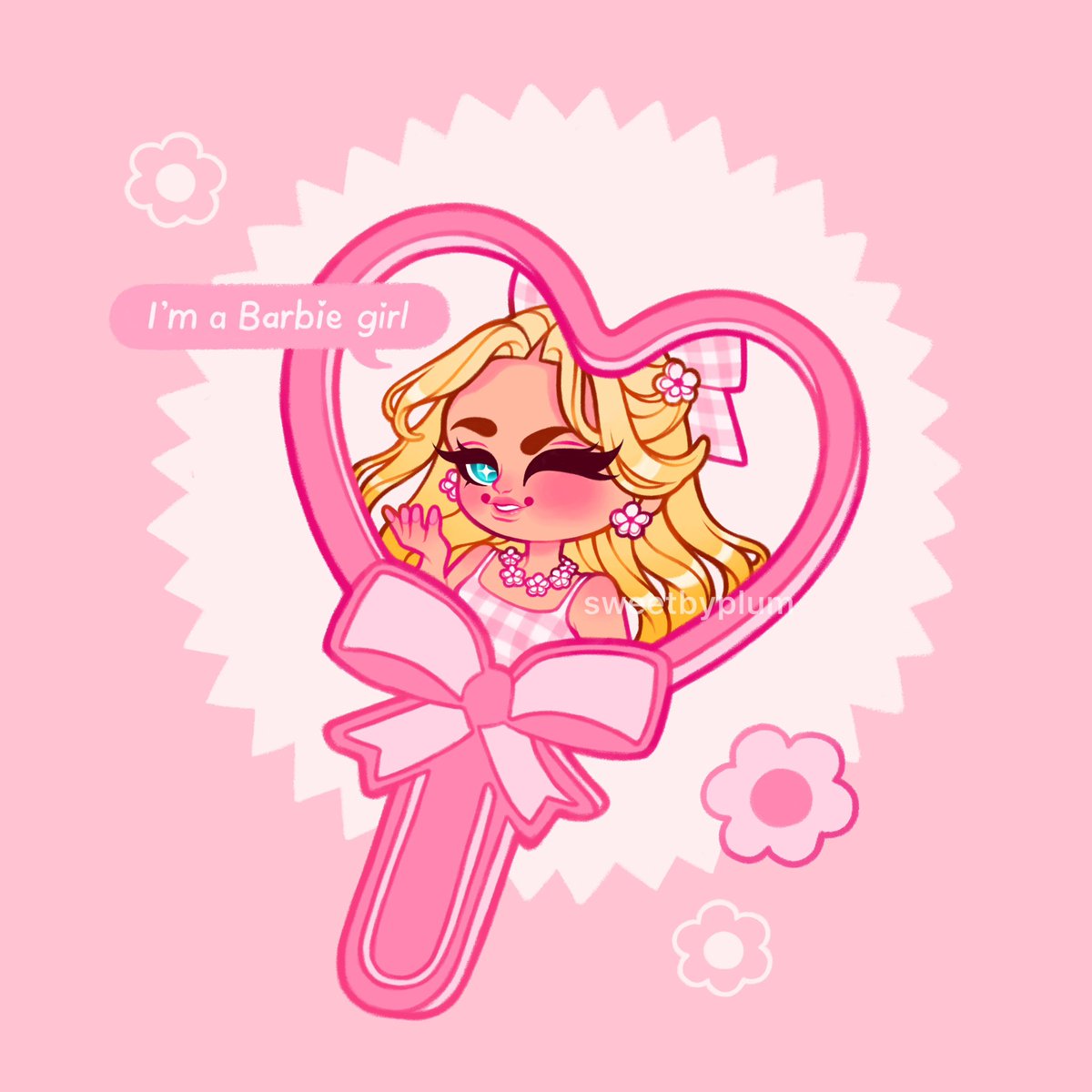 1girl blonde hair flower solo one eye closed bow pink background  illustration images