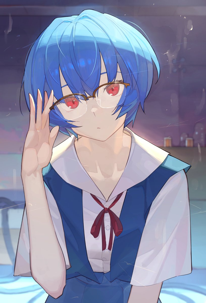 ayanami rei 1girl blue hair solo red eyes short hair glasses school uniform  illustration images