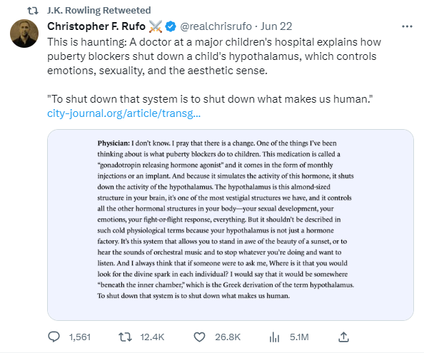 JK Rowling has retweeted a post from Chris Rufo, one of the American extreme right's most influential and dangerous propagandists. 

Rufo was the architect behind the 'Critical Race Theory' moral panic, which sought to promote racism and forcefully censor schools and universities