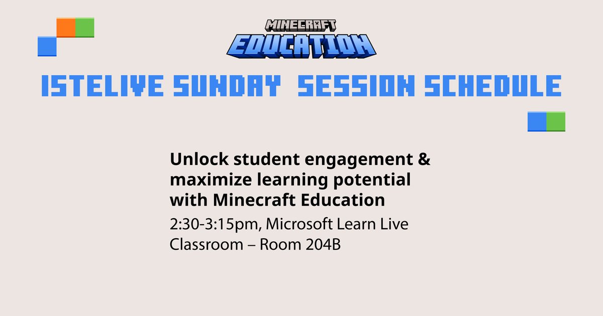 Hey, #ISTELive! We can’t wait to see you and talk #MinecraftEdu and game-based learning. Visit us at the @MicrosoftEdu booth 2904, or catch a session in the all-new Minecraft Education session room, Marriott 307. 

Sign up for a session: aka.ms/minecraftISTE