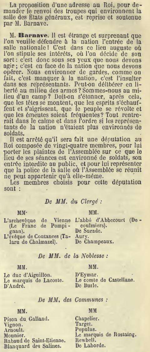 1792_1815's tweet photo. 25 juin 1789 #Barnave s’insurge contre le fait que la troupe est aux abords de la salle des États Généraux et que l’on interdise l’entrée au public. Une députation de 24 membres est désignée pour transmettre cette plainte au roi. https://t.co/zBGD9wa39J