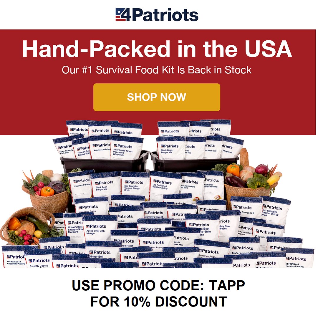 4Patriots Survival Food kits. Use code Tapp at checkout for a 10% discount on everything in the store.
#SurvivalFoodKits #FoodShortages

products.4patriots.com/food/3month/ba…