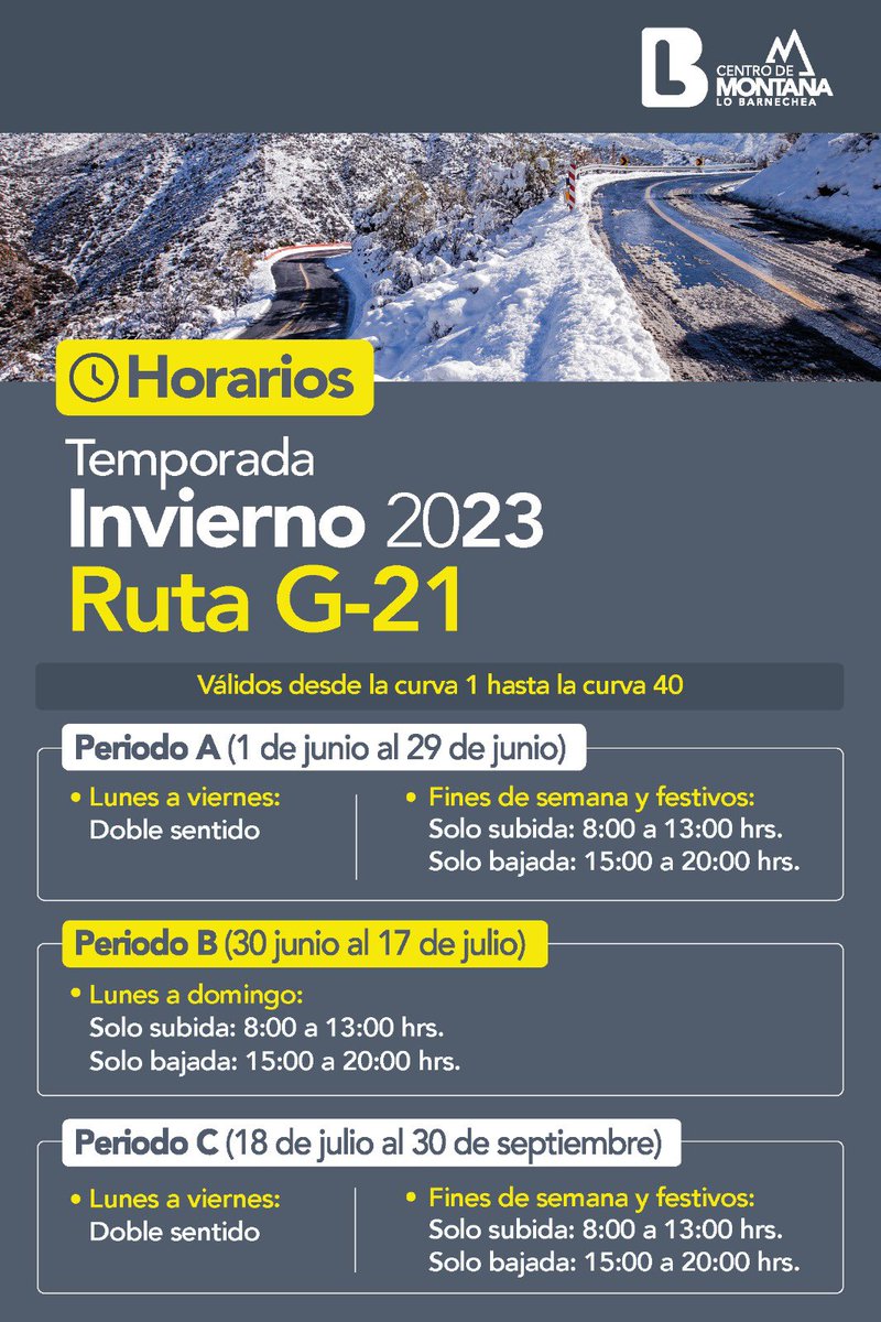 lo_barnechea's tweet photo. RUTA G-21 ABIERTA ✅

La Ruta G-21 está nuevamente abierta para visitantes, según indicación de la Delegación Presidencial.

⛓️ Les recordamos que el porte de cadenas es obligatorio.

🕣 Deben respetar los horarios exclusivos. https://t.co/2InOOgCXcA
