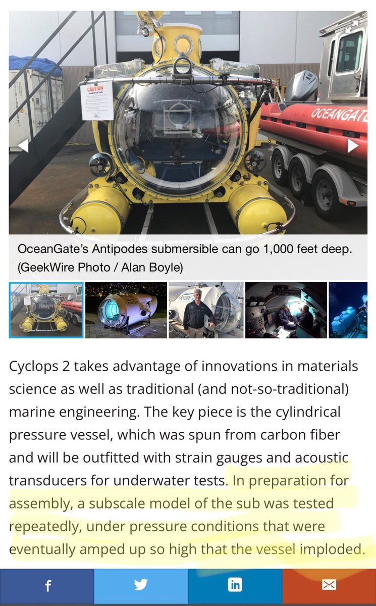 According to a 2017 article written by Alan Doyle, “A sub scale model of the sub was tested repeatedly, under pressure conditions that we’re ramped up so high that the vessel imploded”. 🤔 this wasn’t enough for OceanGate CEO Stockton Rush to reconsider using carbon fiber?