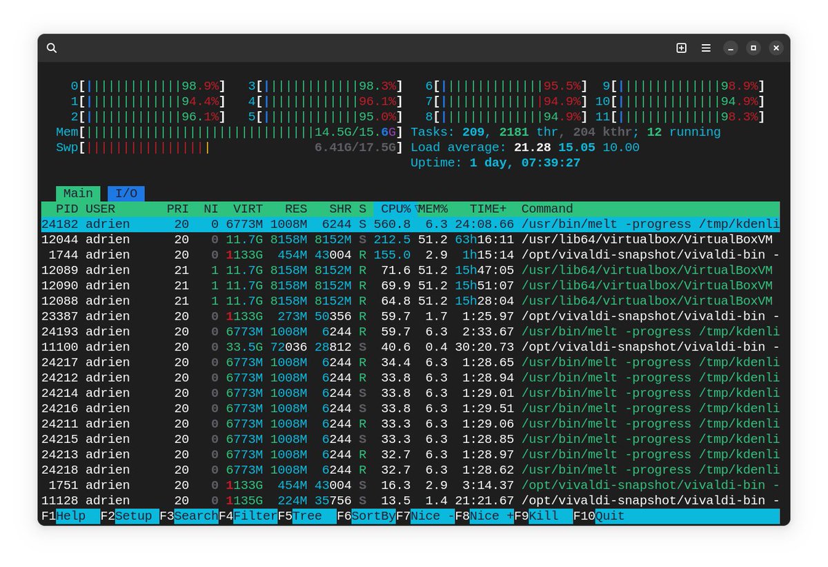 _adriend_'s tweet photo. VirtualBox avec une #Gentoo #GNOME qui se met à jour + rendu #Kdenlive, on est un peu trop au taquet 🤣
Mais ça passe ! Merci à #ZRAM qui évite d'écrire dans un fichier sur disque ou partition swap. https://t.co/Rm9JhcME35