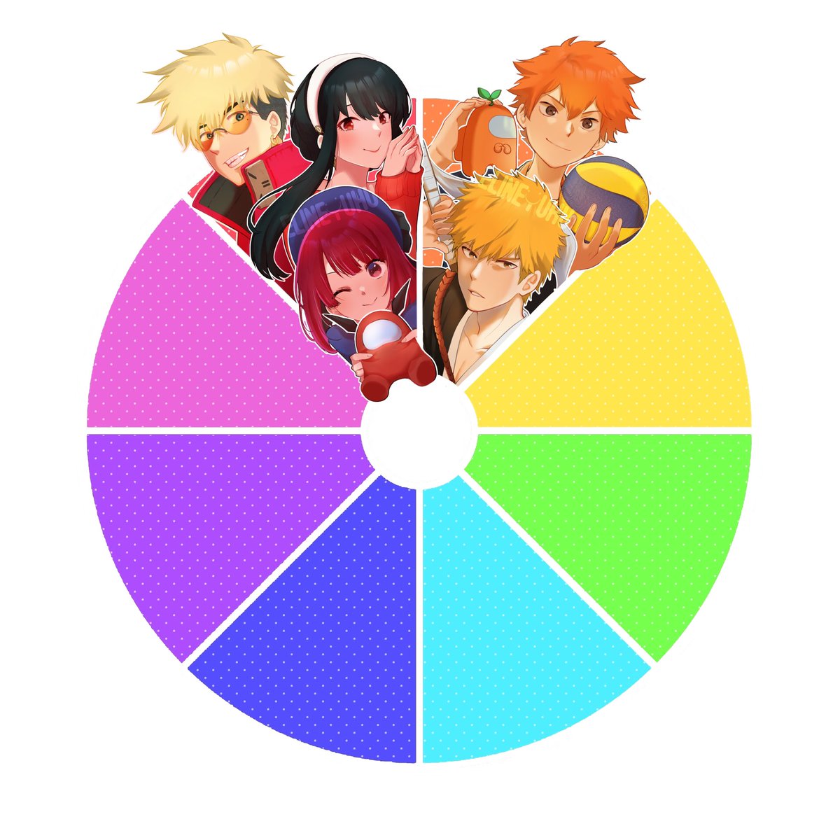 ORANGE IS DOWN! 
This time it’s Shōyō from Haikyuu,
Orange crewmate from Among Us,
And Kurosaki Ichigo from BLEACH!

Yellow is next 💛
Who should i draw?

#colorwheelchallenge 
#artistontwittter 
#BLEACH_anime 
#amongusfanart 
#Haikyuu