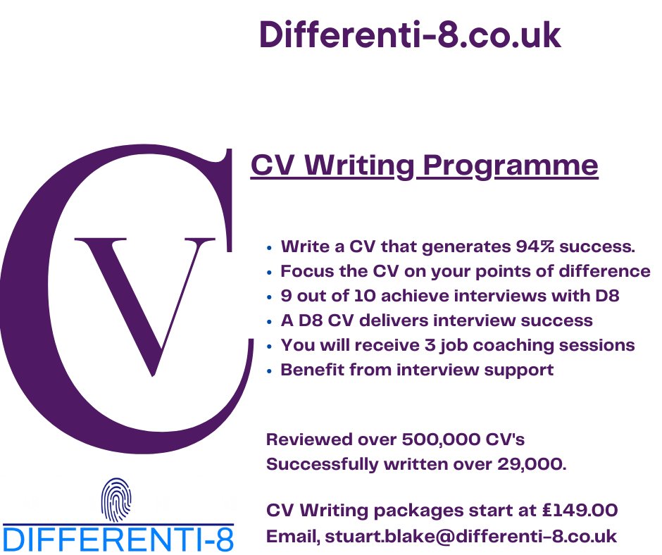 CV's written by Stuart Blake at D8 produce significant success generating interviews and increased job offers. 
Get in touch with Stuart today

#towardsuccess #cvwriting #jobsearch #jobsearching #interviewtips #careercoach #careercoaching #graduate #confidence #confidencecoach