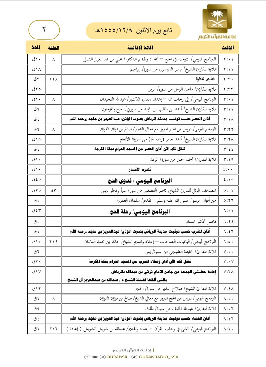 هيكل تلاوات وبرامج
#إذاعة_القرآن_الكريم
ليوم #الاثنين ١٤٤٤/١٢/٨