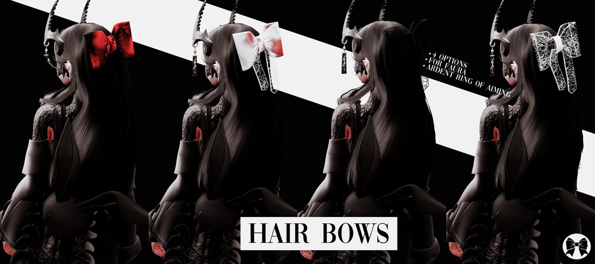 ⤹ hair bows 
⸻ 
✧ Race: faura 
✧ Affected Item: ardent ring of aiming (left & right) 
✧ Infos: I wanted to play around with some texturing and lace textures that I got from alee and ended up with this. 🤍

» download discord.gg/HHG2UcJj2y
