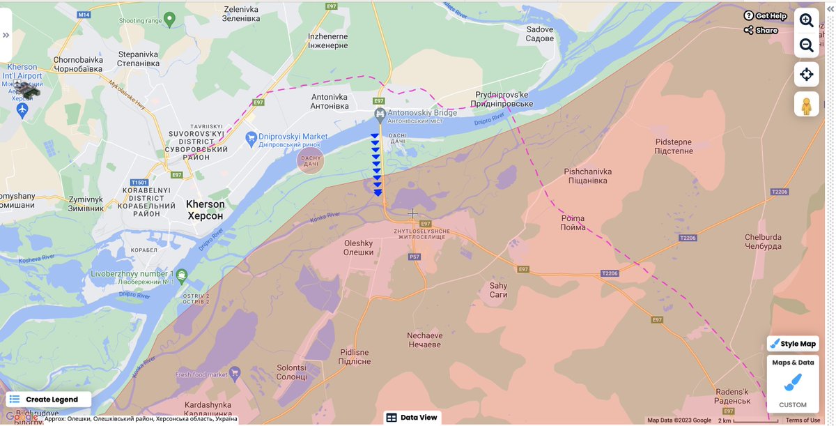 GeopoliticalGu1's tweet photo. There are reports from #Russian channels that #Ukrainian forces have crossed the #Dnipro in the vicinity of the Antonovsky bridge and fighting is ongoing. #Russian forces withdrew from areas to avoid encirclement. Currently up to 50 AFU. AFU held previous positions in #Dachy https://t.co/u090e80GpG