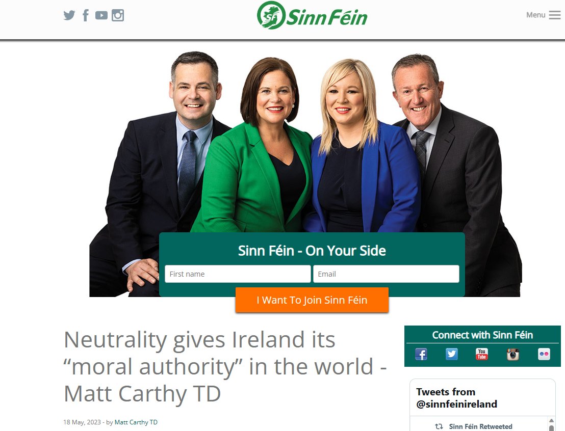 Justinhead1982's tweet image. There may be no harm done by 🇮🇪 continuing its defence freeloading arrangement via unarmed neutrality. I'm sure we will continue to get away with it and profiteer from it in 🇮🇪 but there is no need to grandstand about our "moral superiority" like Sinn Fein's Matt Carty😂🤦‍♂️
9\9