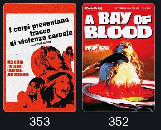 🖤Sunday movies => #Horror365Challenge:

* 353 Torso - 'I corpi presentano tracce di violenza carnale' (1973)
* 352 A Bay of Blood (1971) 

#70sHorror #HorrorFamily #HorrorCommunity #horrortwt #filmtwt #HorrorMovies #MutantFam #HorrorFam #HorrorFan #Horror