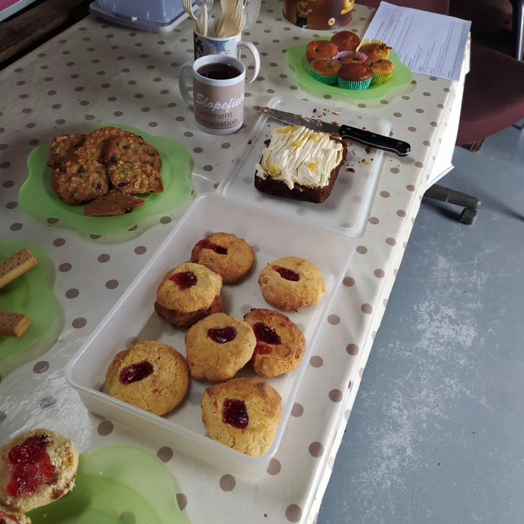 Our volunteers this week have done a great job of strimming and cutting grass and weeding verges. The rain has helped the new grass too. Today's community day came with rewards of home baking. #growyourown #allotment #slopefield #loveyourplot #community #communitygrowing