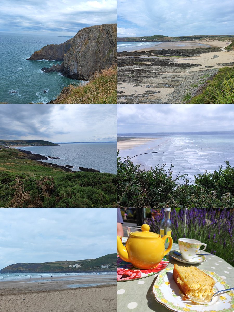 For our last day in Devon before heading to the Cotswolds, after a hearty breakfast @thewhiteleaf it was the north Devon coastal path to @Baggypoint across, @CroydeBay and along to @sauntonbeach rounded off with a slice of lemon drizzle @maycottagetearooms 😎😎