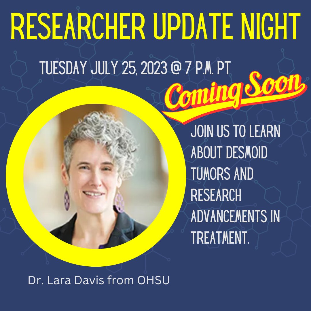 1 month away from our free Researchers Update Night via Zoom with Dr. Lara Davis from @OHSUKnight sharing about recent treatments and research on Desmoid Tumors.
#nwsarcoma, #desmoidtumor, #dragonslayerunite