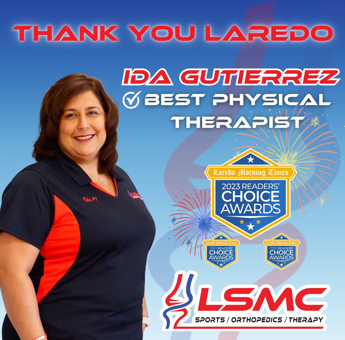 Congratulations to our exceptional Physical Therapist, Ida Gutierrez, for being Laredo's  Best Physical Therapist in the 2023 Readers Choice Awards! 🌟 🏆🎉 #BestPT #ExcellenceInCare #PatientFocused #LSMC #ReadersChoiceAwards2023