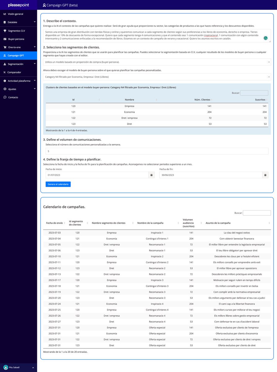 pleasepoint's tweet photo. Lanzamos nuevo módulo en nuestra plataforma de IA: #CampaignGPT, el primer planificador inteligente de campañas de email marketing. Redactas un prompt de contexto, el número de campañas que quieres y la IA te las calendariza, prepara las audiencias y propone los mejores asuntos https://t.co/62RuaQCARS