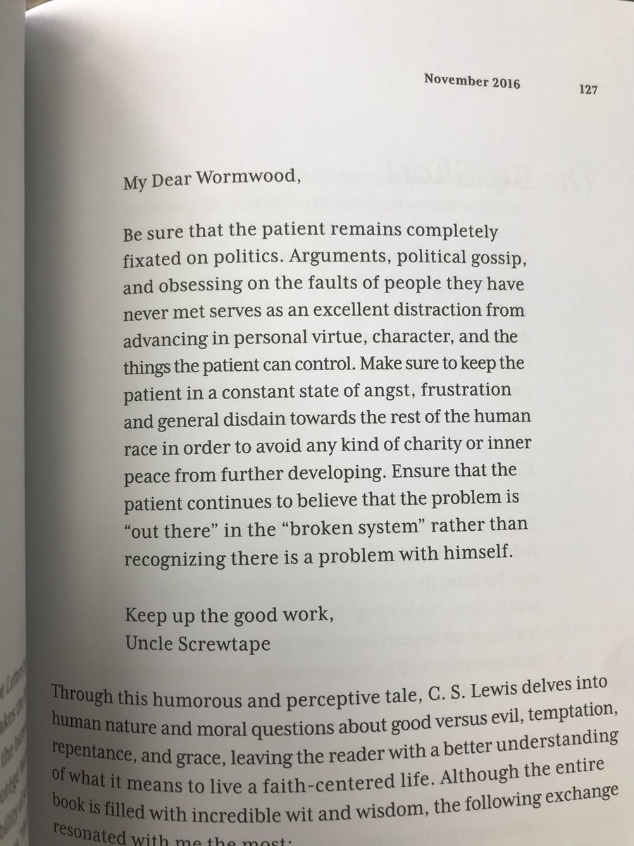 This advice from Screwtape never gets old. 

Worked again this weekend.