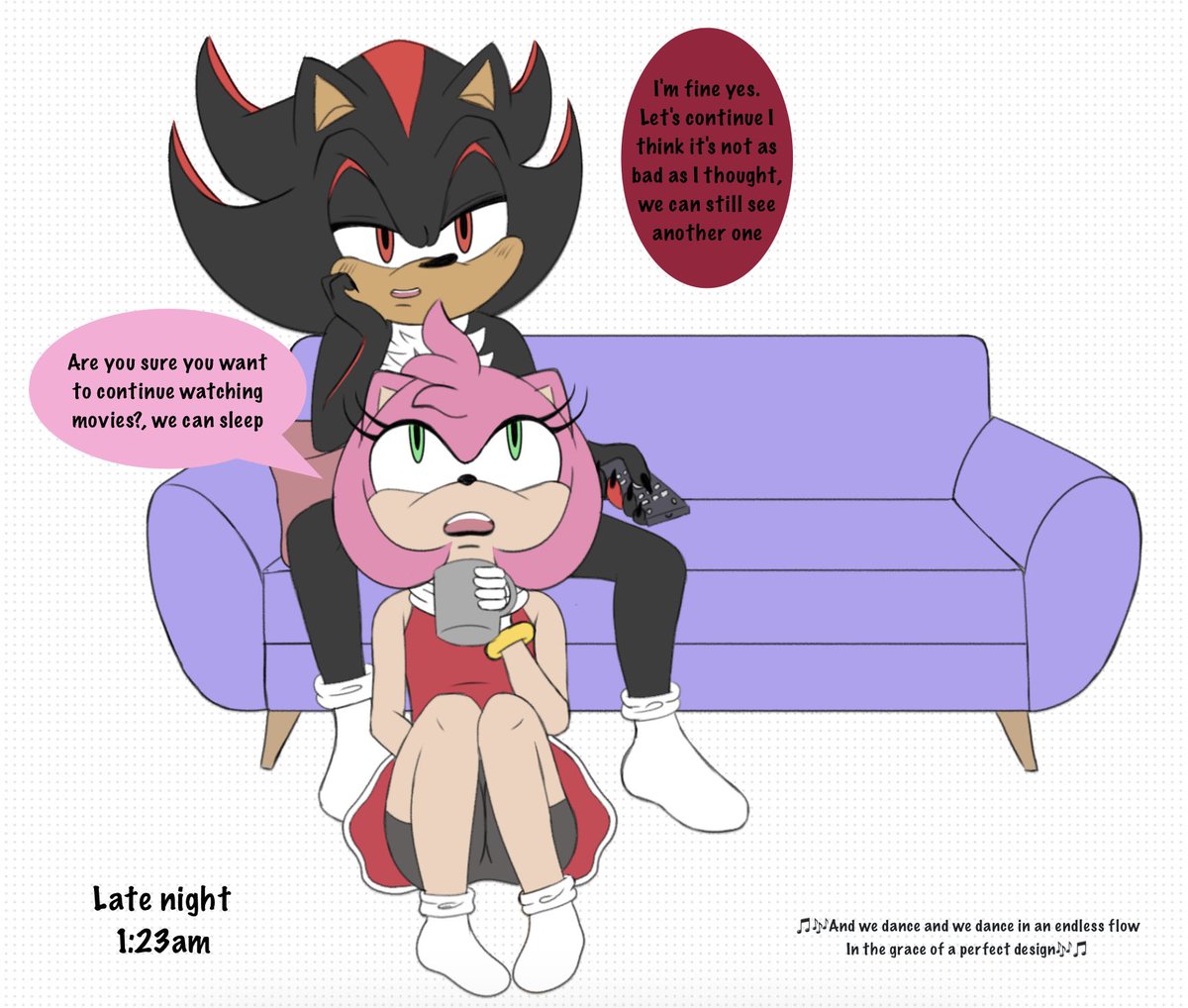 Late Night-Early Morning
No context 
#ShadamyWeek2023 #amyrose #ShadowTheHedgehog #RougeTheBat #blazethecat