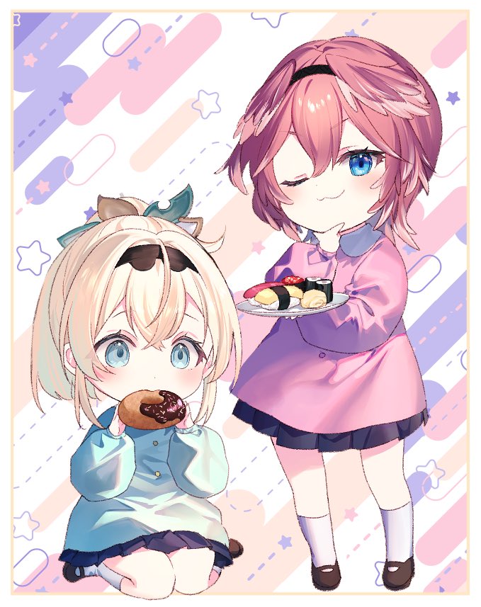 kazama iroha ,takane lui aged down multiple girls kindergarten uniform food 2girls doughnut one eye closed  illustration images
