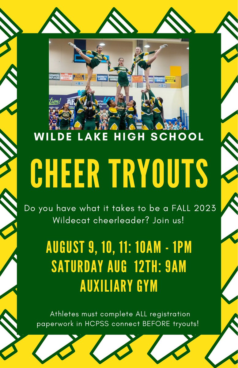 wildelakecheer's tweet photo. 💛💚FALL TRYOUT DATES AND TIMES! 

Don’t forget to register on HCPSS connect!! https://t.co/4e1U952Whm
