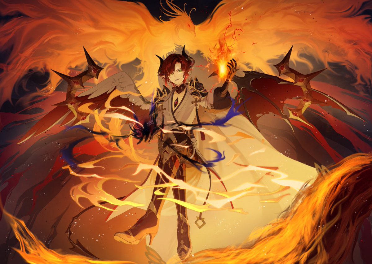 wings 1boy fire red hair male focus horns solo  illustration images