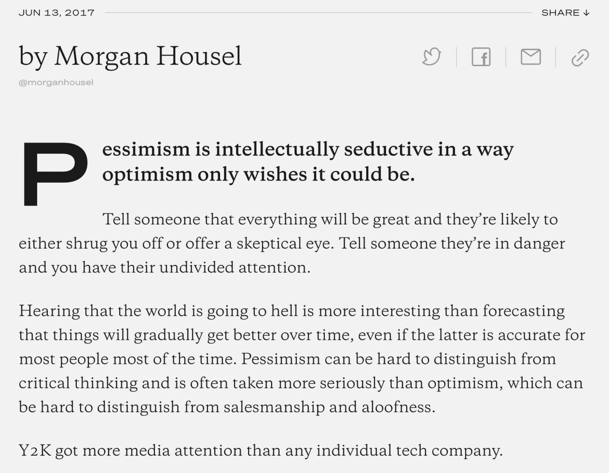 trader_ferg's tweet photo. The way @morganhousel articulates some things is genius. 

"Pessimism is intellectually seductive in a way optimism only wishes it could be." https://t.co/ikL8qSpQDR