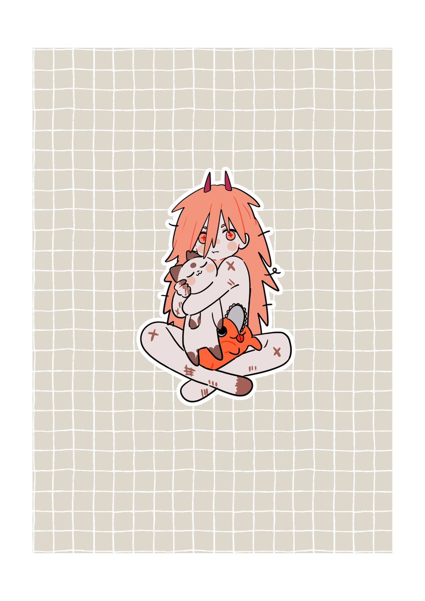 power (chainsaw man) red horns 1girl horns long hair cross-shaped pupils symbol-shaped pupils sitting  illustration images