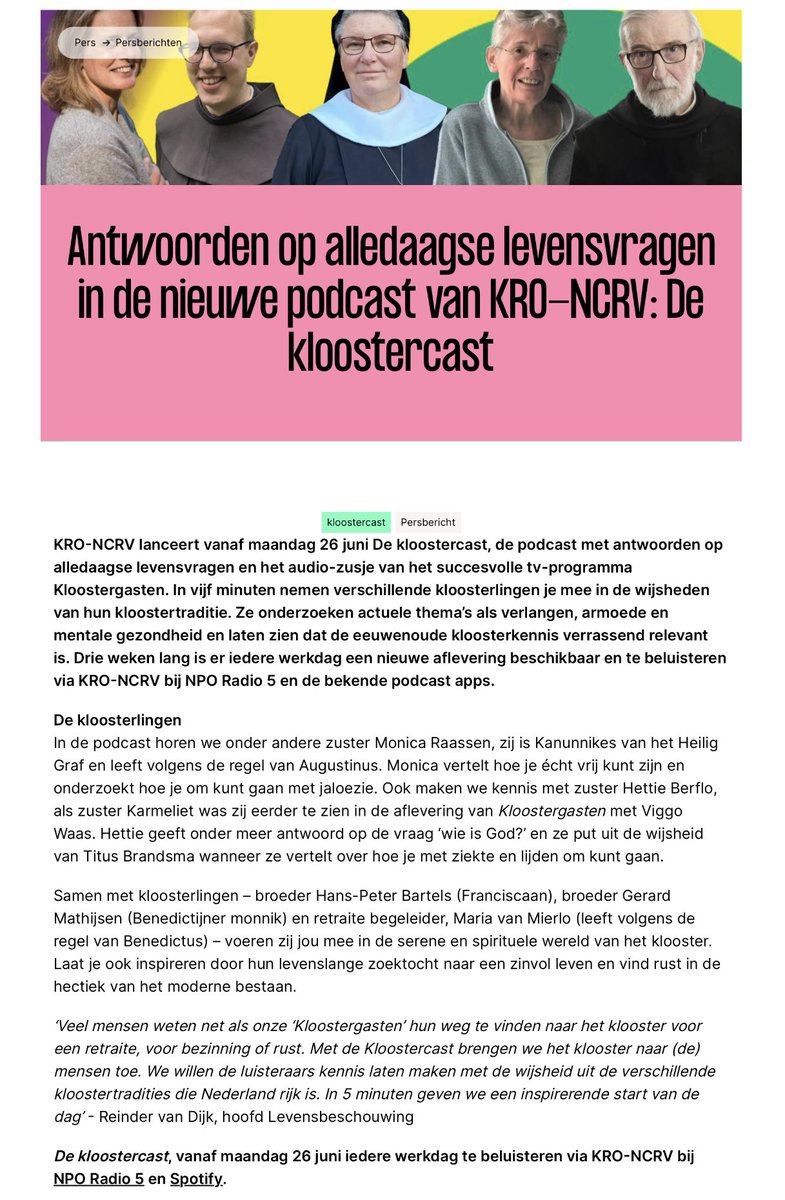 Karmelbeweging's tweet photo. Morgen, maandag 26 juni, lanceert KRO-NCRV een nieuwe podcast-serie: “De Kloostercast”. Drie weken lang nemen verschillende kloosterlingen je in vijf minuten mee in de wijsheden van hun kloostertraditie rond actuele thema’s. Beluister dagelijks via : https://t.co/xEMzm53mR4. https://t.co/8qQkPBBSxO