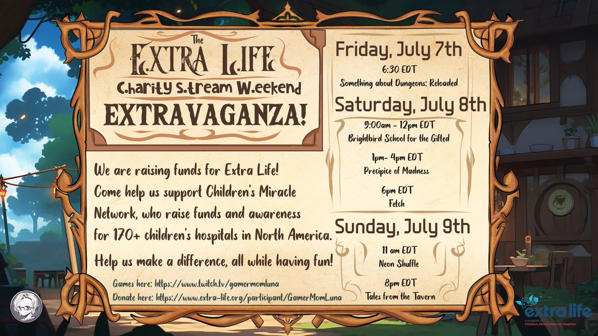 GamerMomLuna's tweet image. We have a PHENOMENAL Extra Life Charity Stream Weekend Extravaganza coming up!
With 5e, Cypher, and Aether &amp;amp; Steamworks games, &amp;amp; Tales from the Tavern, you are SURE to find something to enjoy!
Stop by during the weekend of 7/7-7/9 to take in a #ttrpg stream! @ExtraLife4Kids