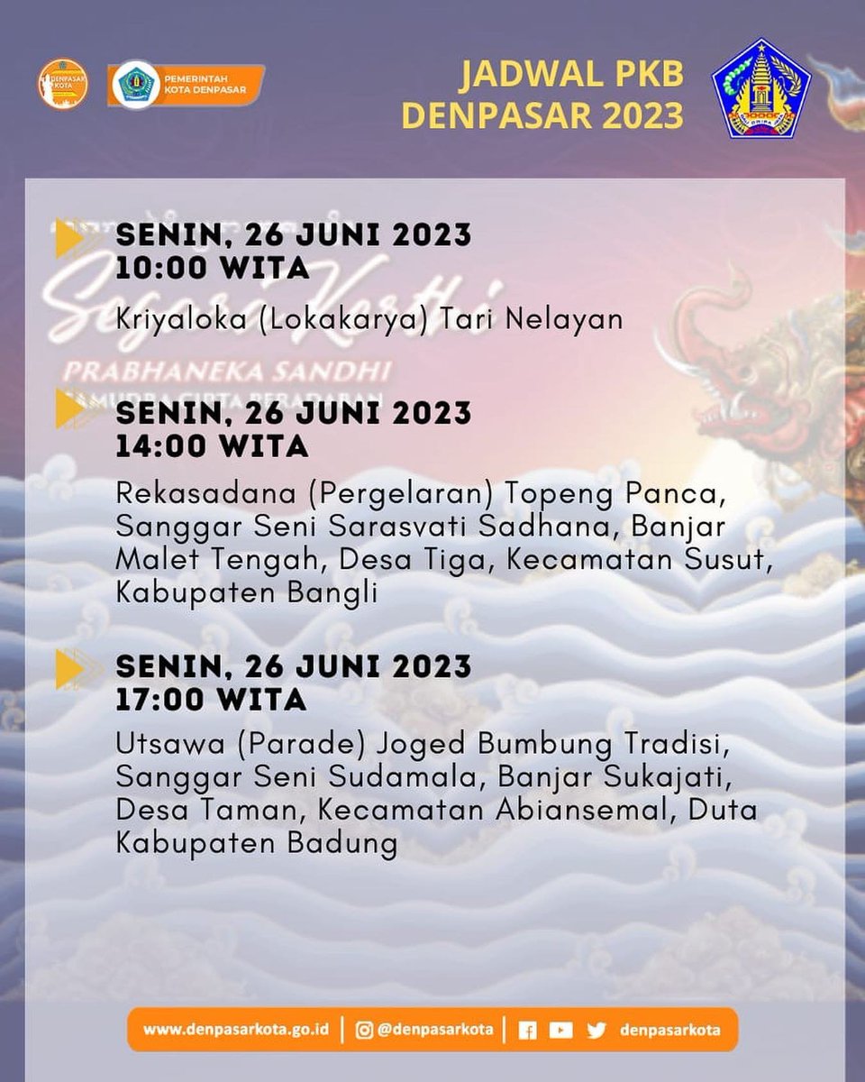 DenpasarKota's tweet photo. Halo Warga Kota
Berikut adalah Agenda Pesta Kesenian Bali Senin 26 Juni 2023
Jangan lupa mampir yaaa
Sampai bertemu disana warga kota 📷📷
#PKB2023 #PestaKesenianBali #denpasarkota #jadwalPKB https://t.co/z9pYtOUfGw