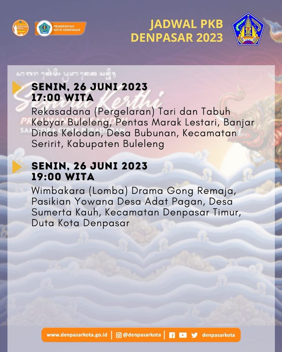 DenpasarKota's tweet photo. Halo Warga Kota
Berikut adalah Agenda Pesta Kesenian Bali Senin 26 Juni 2023
Jangan lupa mampir yaaa
Sampai bertemu disana warga kota 📷📷
#PKB2023 #PestaKesenianBali #denpasarkota #jadwalPKB https://t.co/z9pYtOUfGw