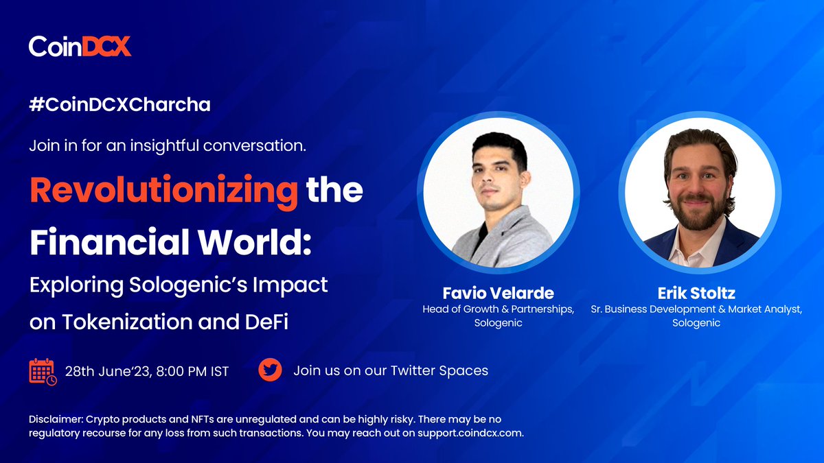 Get insights on ‘Sologenic’s impact on DeFi and Tokenization’ with #CoinDCXCharcha!

@realsologenic aims to tokenize digital assets and expand the decentralized ecosystem to retail and institutions.

We’ll be joined by @madebyfavio & @stoltze22 from @realsologenic ‘s team to…