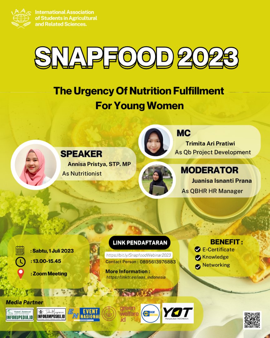 🍽[SNAPFOOD WEBINAR]🍽

Hi IAASers!
Which type of food do you usually consume on an everyday basis?
🥬 🍓 🥗 🍈 🍒 or 🌭 🍔 🍟 🍕 🍗 ?

Do you know that our preference for food affects our health? Do you want to know more about how to choose your meal?