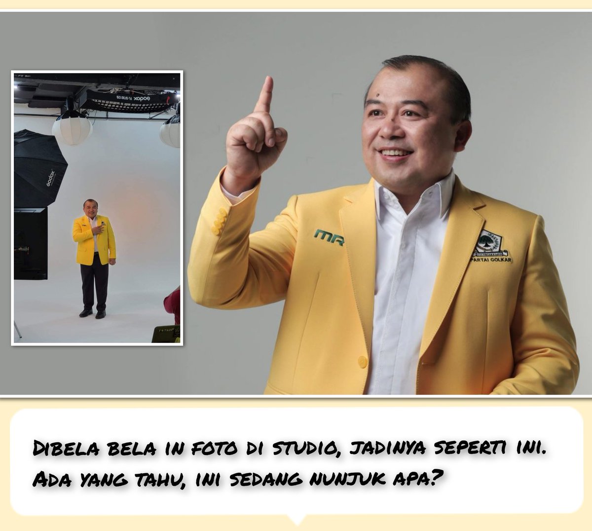 MuhammadRahmad's tweet photo. Dibela bela in foto di studio. Jadinya seperti ini. Ada yg tahu, ini sedang nunjuk apa? @golkar_id @LimapuluhKota @bukittinggiku @infoSumbar @antarasumbar @SumbarTerkini https://t.co/HHkpiCM2IL