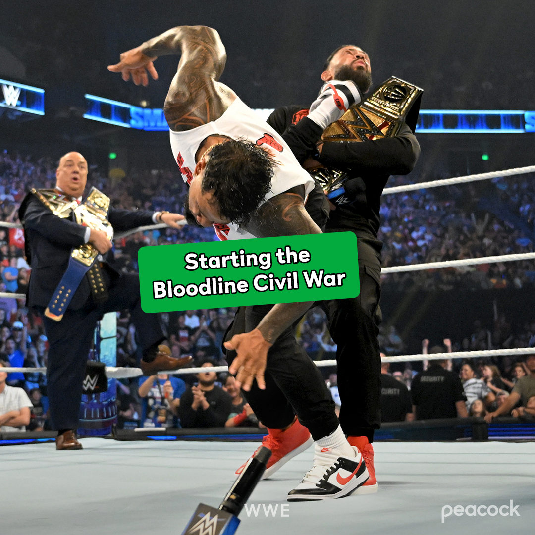 peacock's tweet photo. The kick that broke up a bloodline. 

It's all going down at #MITB on July 1 at 3 pm ET on Peacock. https://t.co/UzOAHLV7he