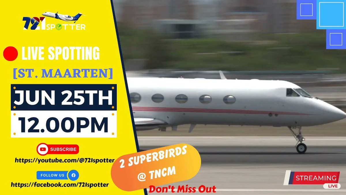 .
🔴 721Spotter will be going 🟢 LIVE 🟢 Plane Spotting from St Maarten Airport via @YouTube today at 12:00p EDT!

LIVE SxM Airport Spotting ✈️ TNCM 

buff.ly/435V7Ju 

#aviation  #avgeek  #planespotting  #721Spotter #SxMAirport #MahoBeach #airport #live