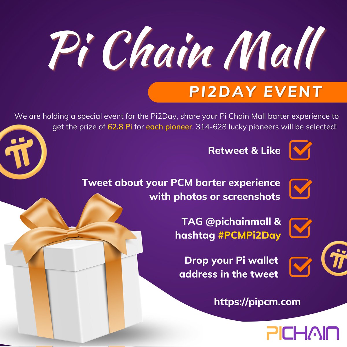 🎉 Join the #PCMPi2Day celebration on Twitter! 🎉

Share your Pi Chain Mall barter photos , tag @pichainmall, and use the hashtag #PCMPi2Day, along with your Pi Network mainnet wallet address.

We'll be selecting 314 to 628 lucky pioneers who have had transactions on PCM and…