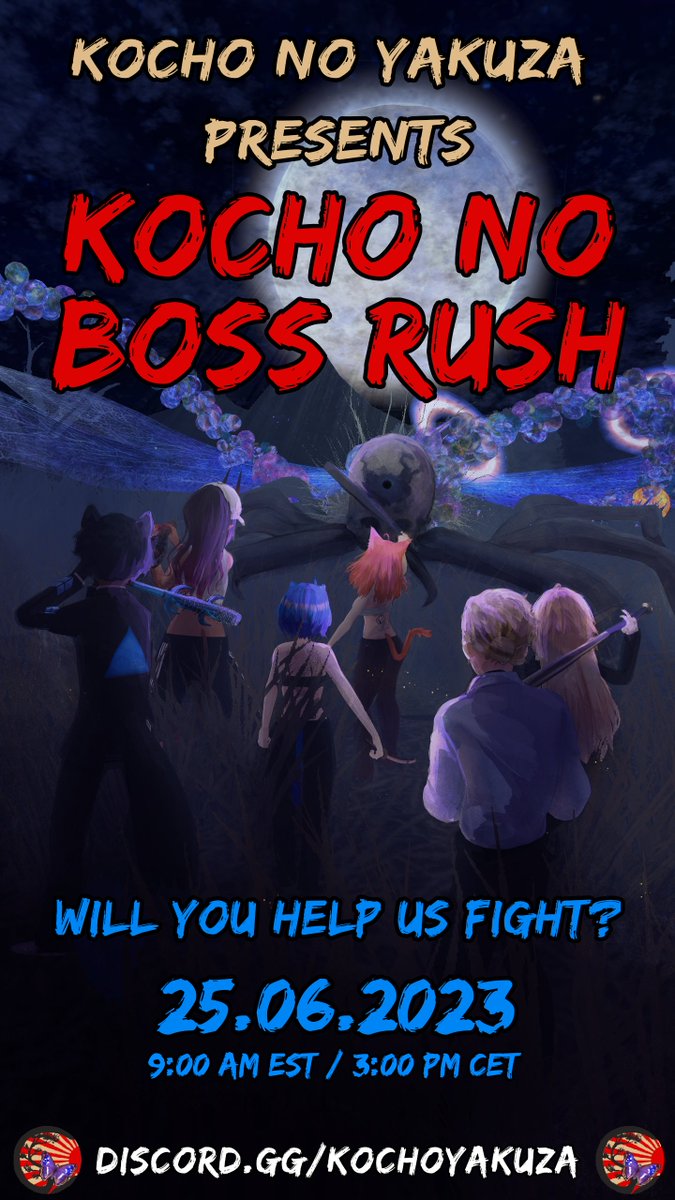 RP-Workshop - Kochō no Boss Rush

The instance is now open, instance #24454.

The event will show you how the Yakuza fight and work as a family with a combat training and later a boss fight encounter.

Join via groups:
vrc.group/PJKT.3741

Watch live:
twitch.tv/projektcommuni…
