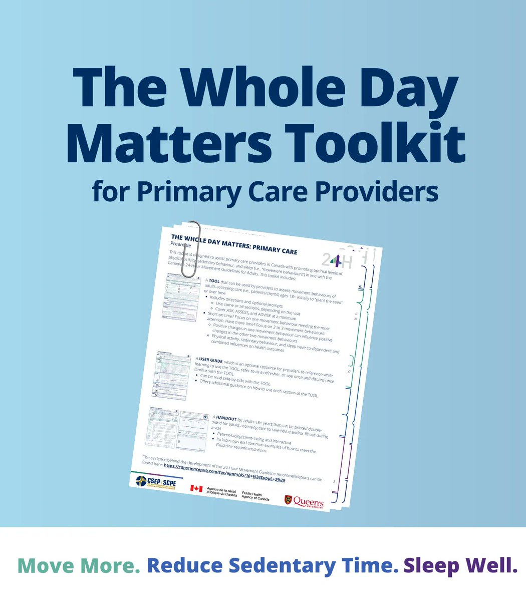 csep_scpe's tweet photo. Struggling when it comes to movement behaviour discussions? The Whole Day Matters Toolkits are designed to assist primary care providers &amp; physiotherapists w/ assessing &amp; problem-solving movement behaviours in line w/ the #24HourMovementGuidelines 

🔗 https://t.co/uuMCNTe8YC https://t.co/4FV3iy37VU