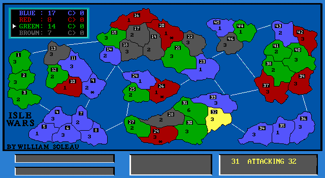 Random game of the day:
Isle Wars (Simulation / Strategy: Soleau Software, 1994)

Download/play: dosgames.com/game/isle-wars/

#dosgaming #retrogaming #simulation #strategy #war #risk #ega