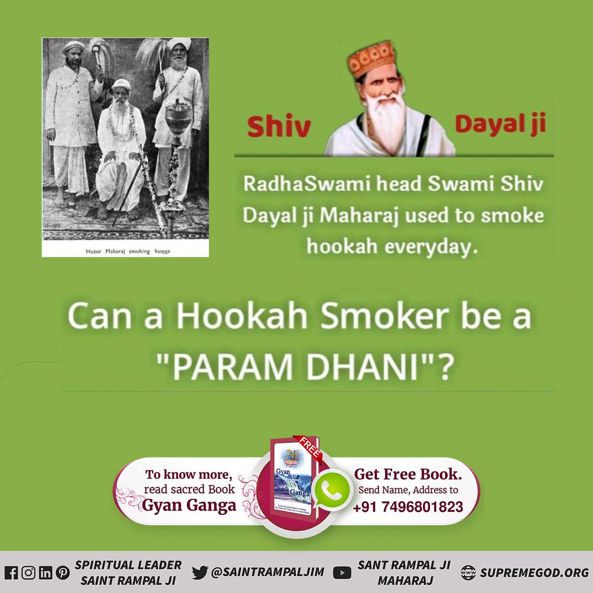 vishal_real_V1's tweet photo. Must know the #राधास्वामी_पंथ_की_सच्चाई
Radha Soami, Seth Shiv Dayal Ji was very fond of Hookah and
Hookah smoker can never be a "Param Dhani"/GOD. https://t.co/UXleVCfXl6