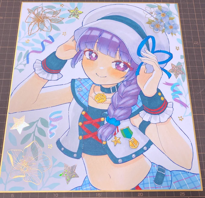 トリコロールチェックコーデ氷上スミレが可愛いすぎたので描いた色紙完成〜!