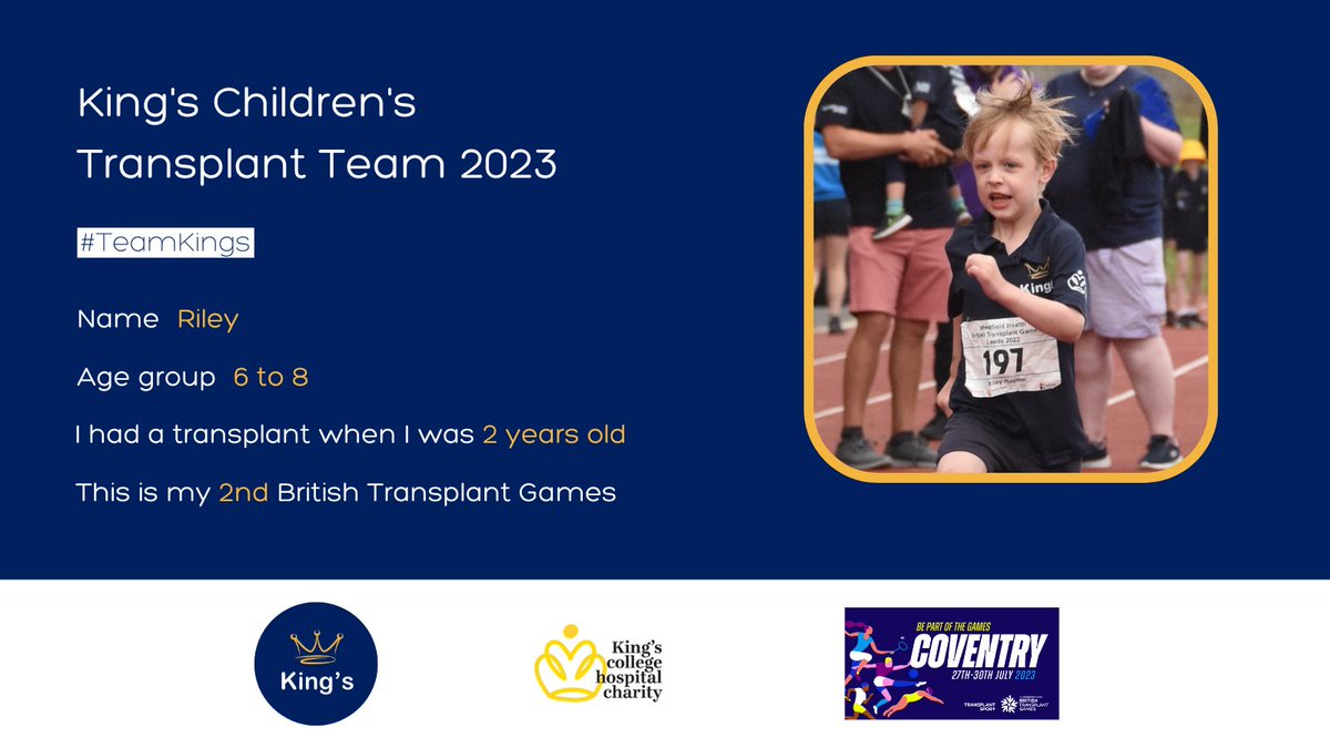 Meet Our Team for #WHBTG2023

Riley was born with biliary atresia. He loves dinosaurs, animals and playing with ‘his crew’ at school. This is Riley’s 2nd transplant games and he is so excited to be going back. 🦖🦕

#TeamKings 👑🦁
#OrganDonation

@supportkings