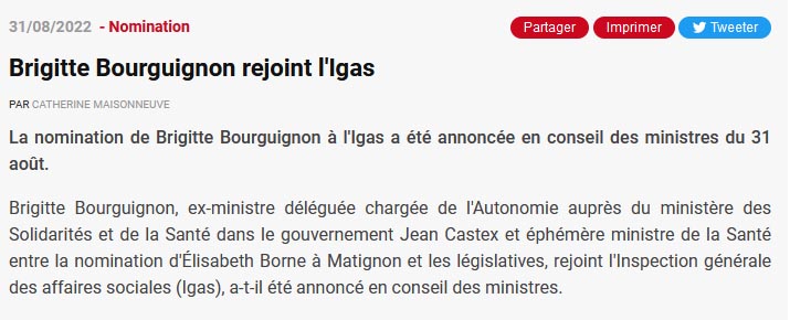 Ministre de la santé pendant environ 40 jours (20/05 au 4/07/2022), Brigitte Bourguignon a passé son temps à vanter les qualité du vax.
Virée aux législatives elle a été recasée dans des boulots aux noms pompeux et à l'utilité douteuse.
C'est beau la politique de l'incompétence.