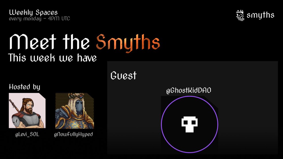 Meet The Smyths EP. 17

Hosted By
<a href="/LeviGMI/">Levi</a> 
<a href="/NowFullyHyped/">rastaRas</a> 

Featuring
<a href="/GhostKidDAO/">Ghost Kid</a> 

Set your reminders below ⬇️ 
x.com/i/spaces/1djxX…